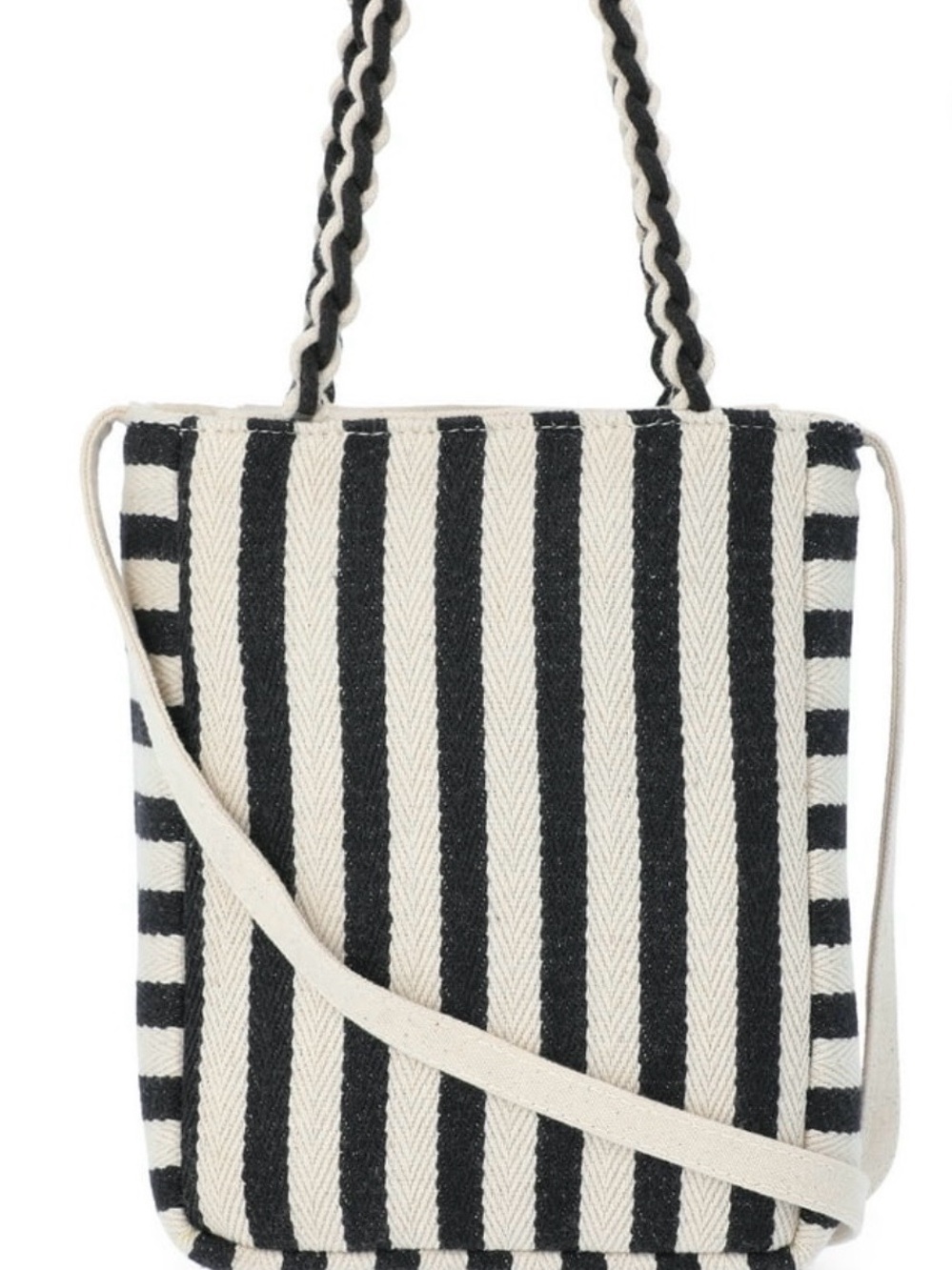 Beaded Floral & Stripe Tote Bag - Black & Cream Crossbody Bag - Picture 2 of 8